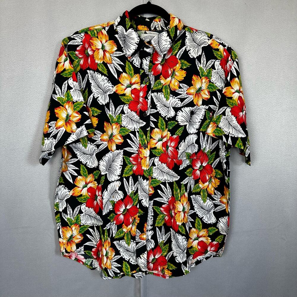 Women's Vintage Solutions Original Black Floral Hawaiin SS Button Up Blouse-  L
